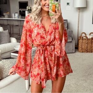 Pink Lily Surplice V Neck Bell Sleeve Rust Pink Watercolor Chiffon Romper New